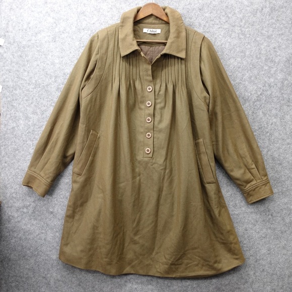 Vintage Chloe Shift Dress Womens LARGE Olive Army Green Wool Pintuck Luxury